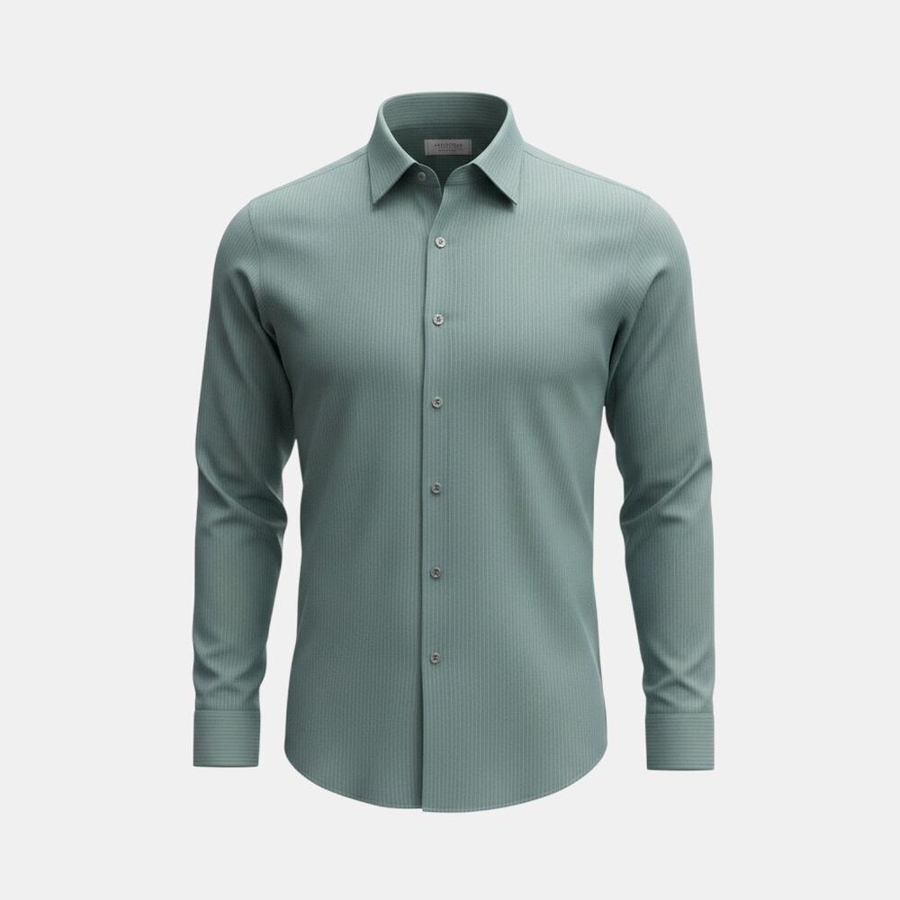Van Heusen Satin Stripe Dress Shirt Mens 17.5 34/35 Green Wrinkle Free